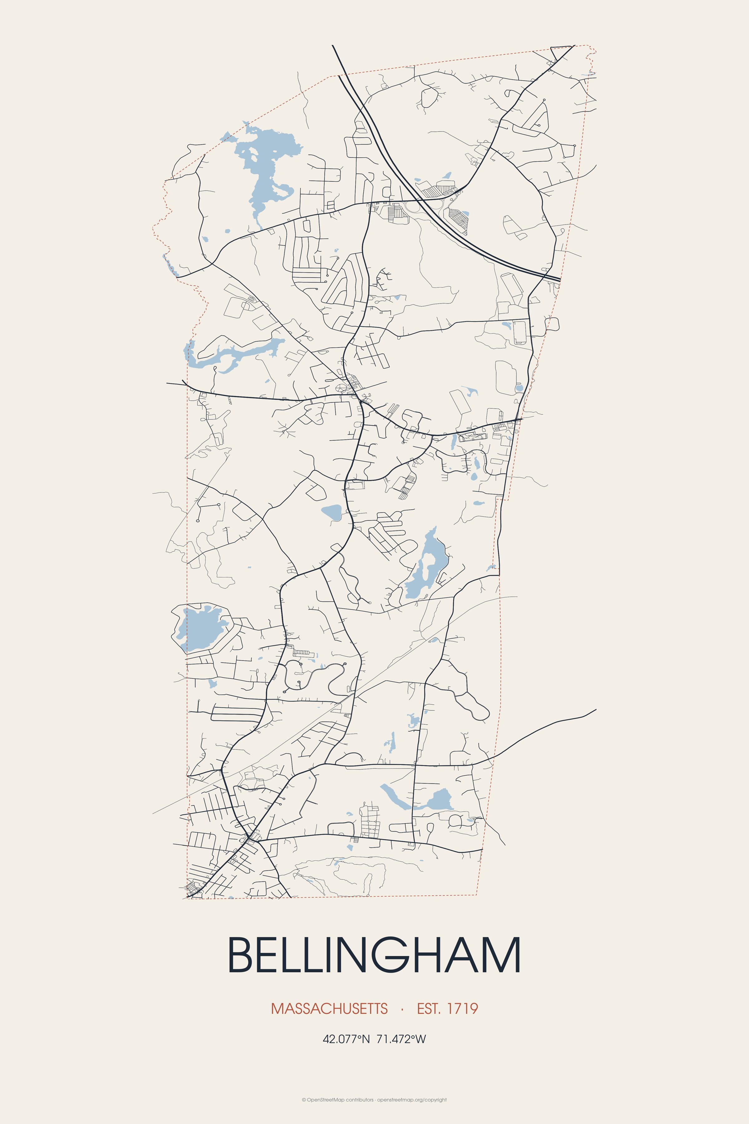 Street map of Bellingham, Massachusetts