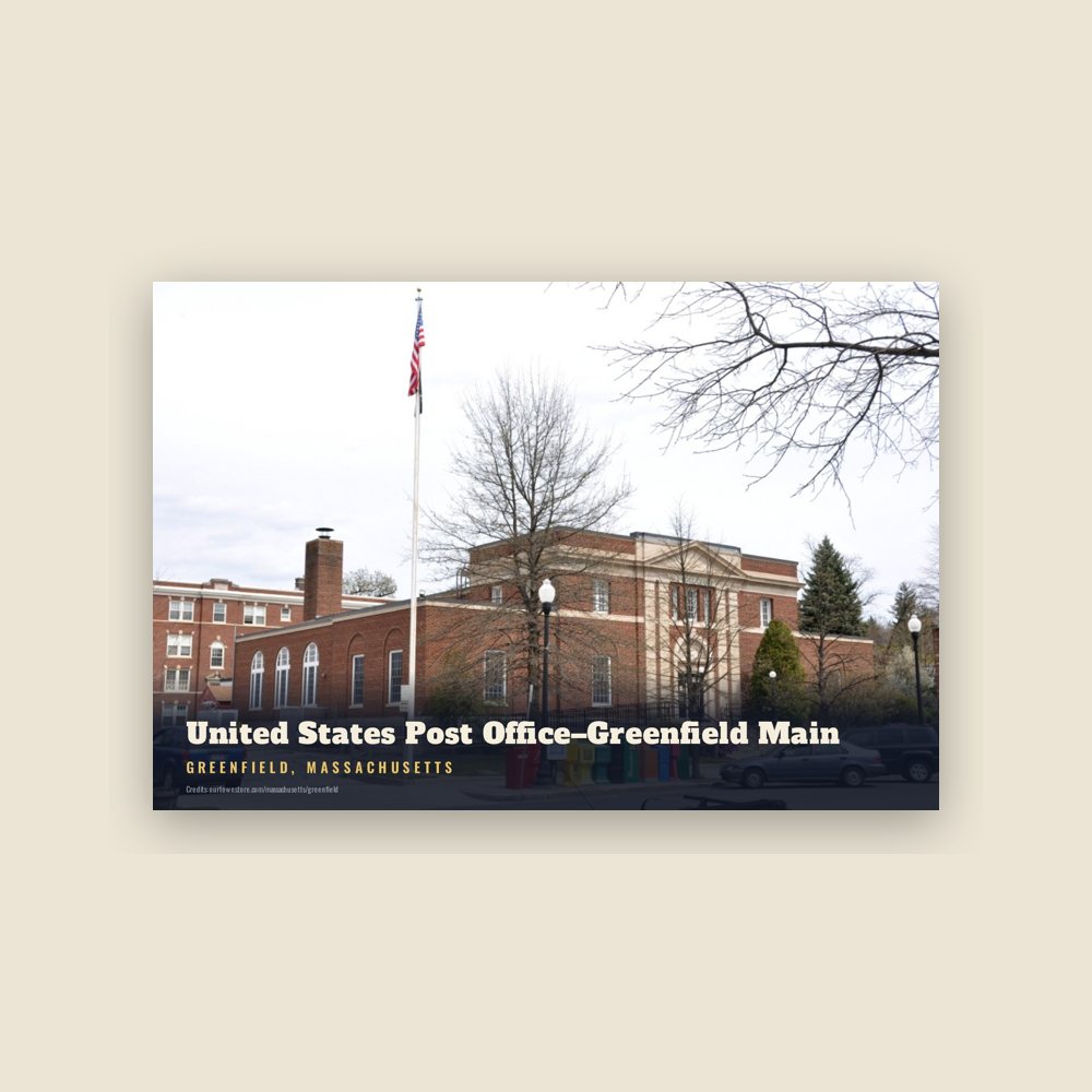 Greenfield United States Post Office–Greenfield Main Postcard