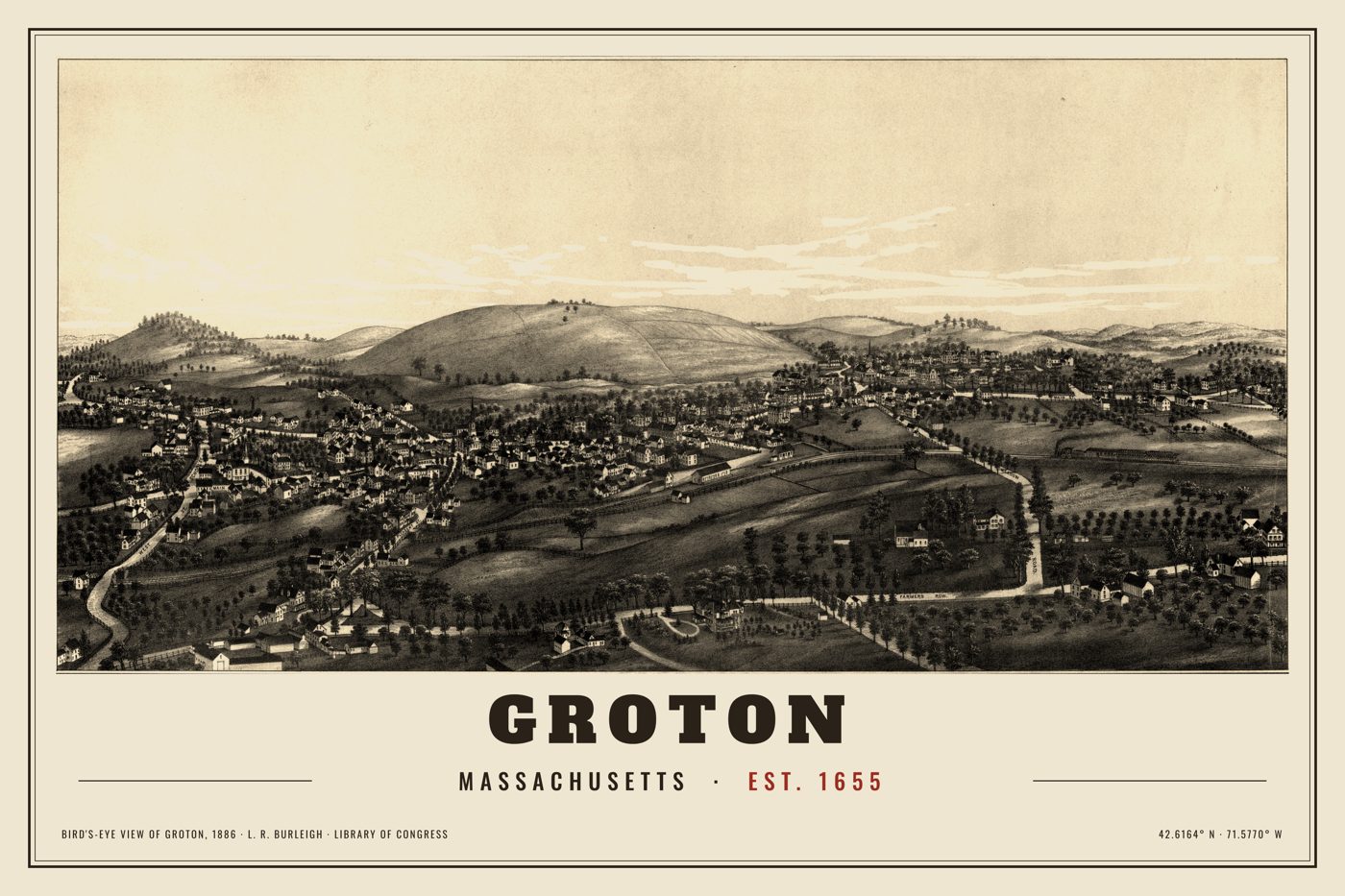 Groton 1886 bird's-eye view print