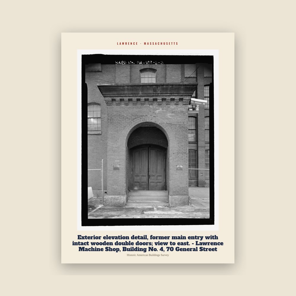 Lawrence Exterior elevation detail, former main entry with intact wooden double doors; view to east. - Lawrence Machine Shop, Building No. 4, 70 General Street Archive Print