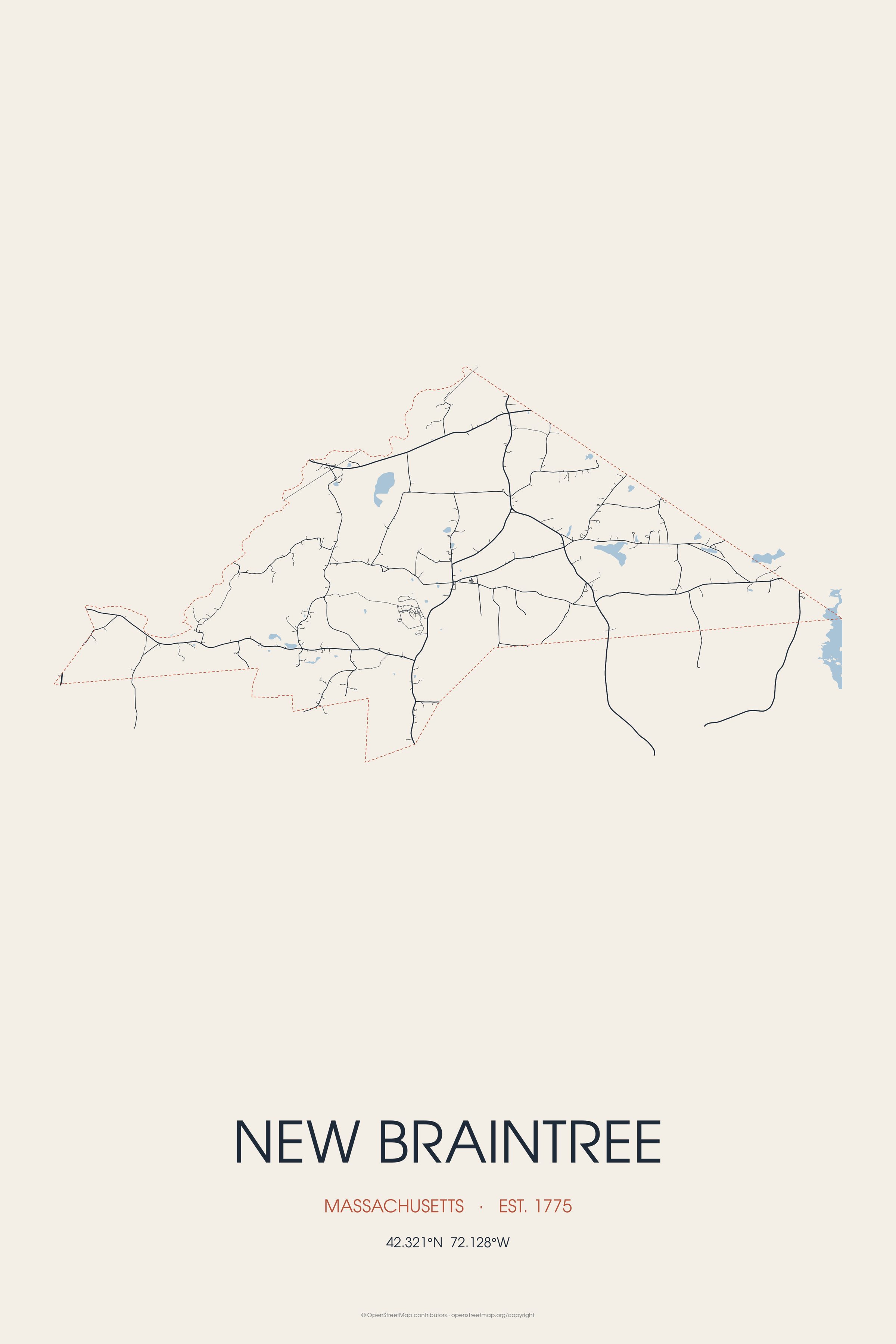 Street map of New Braintree, Massachusetts