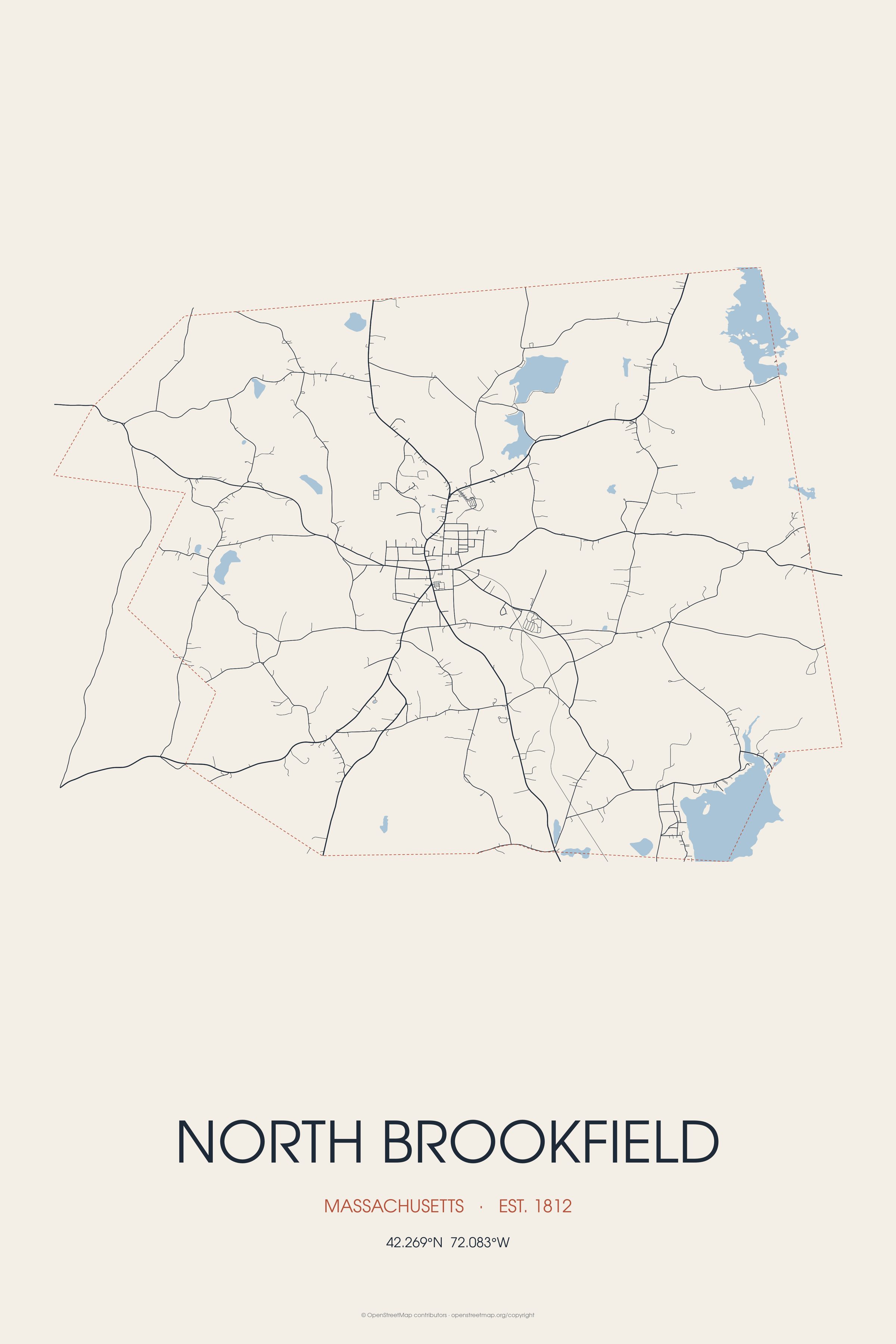 Street map of North Brookfield, Massachusetts