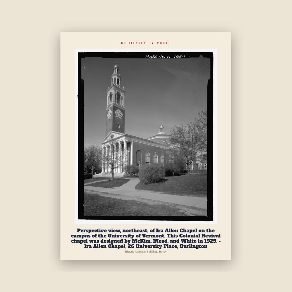 Chittenden Perspective view, northeast, of Ira Allen Chapel on the campus of the University of Vermont. This Colonial Revival chapel was designed by McKim, Mead, and White in 1925. - Ira Allen Chapel, 26 University Place, Burlington Archive Print