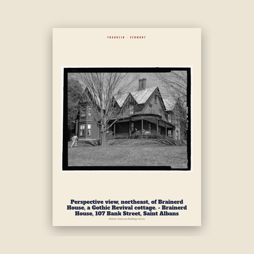 Franklin Perspective view, northeast, of Brainerd House, a Gothic Revival cottage. - Brainerd House, 107 Bank Street, Saint Albans Archive Print