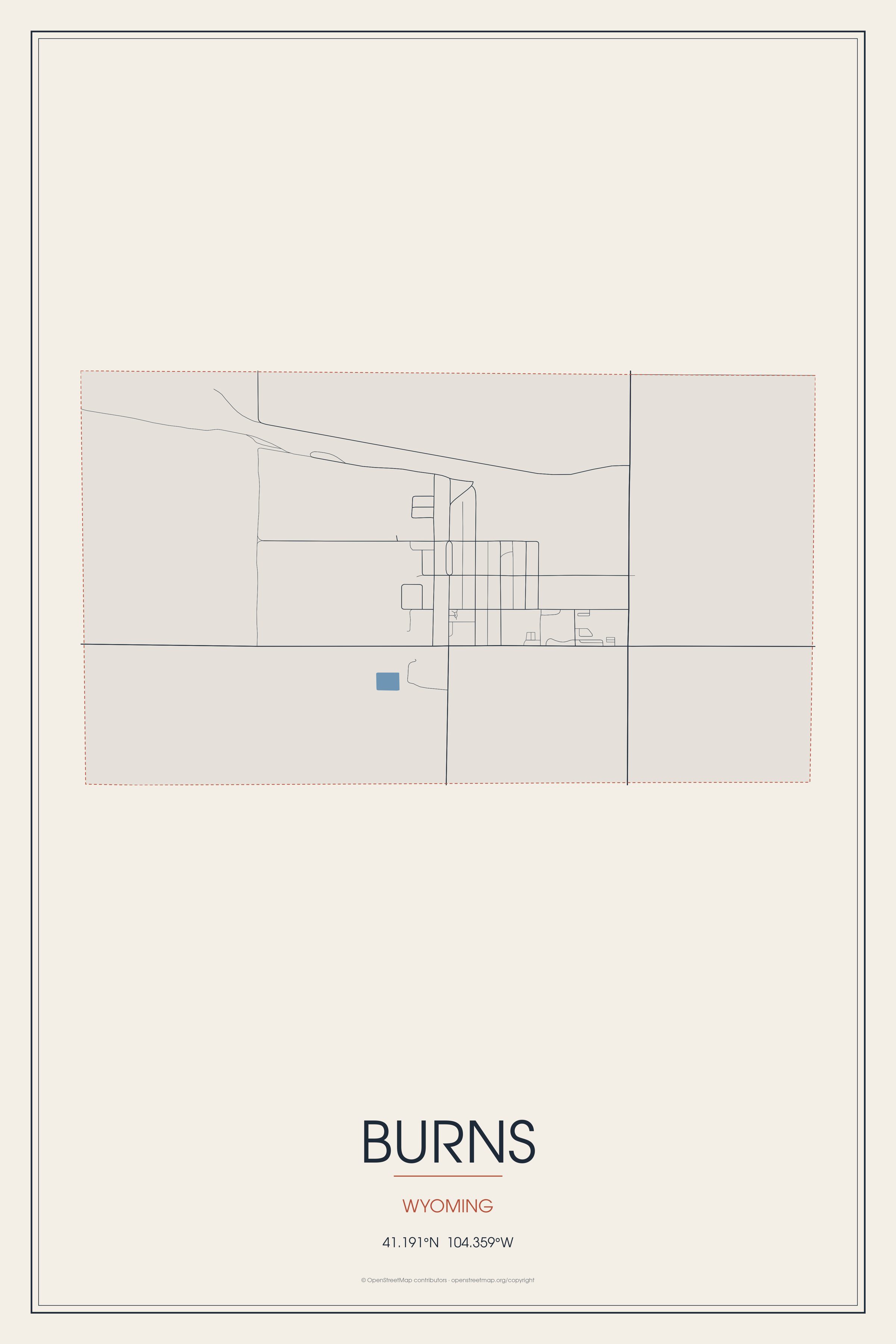 Street map of Burns, Wyoming