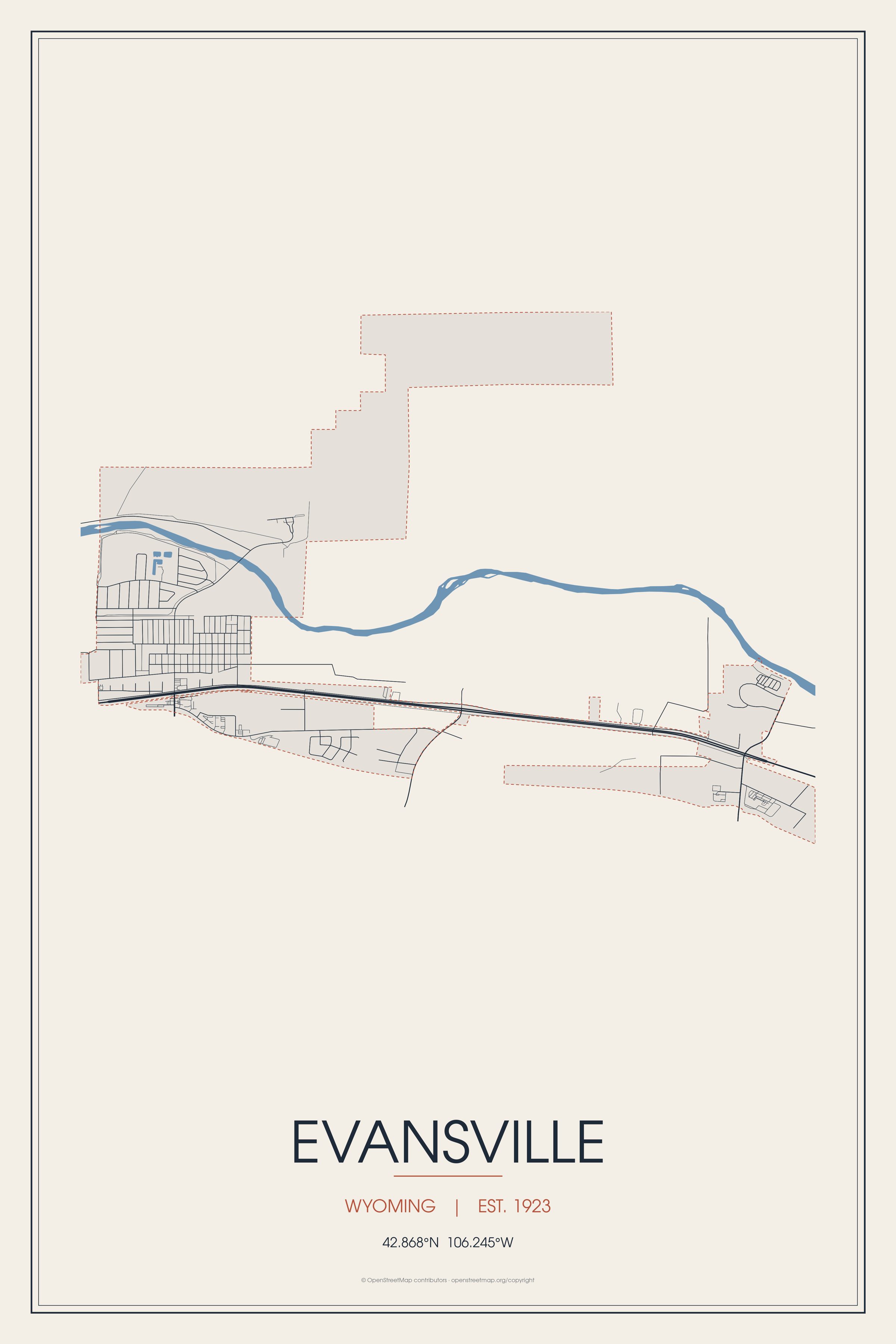 Street map of Evansville, Wyoming