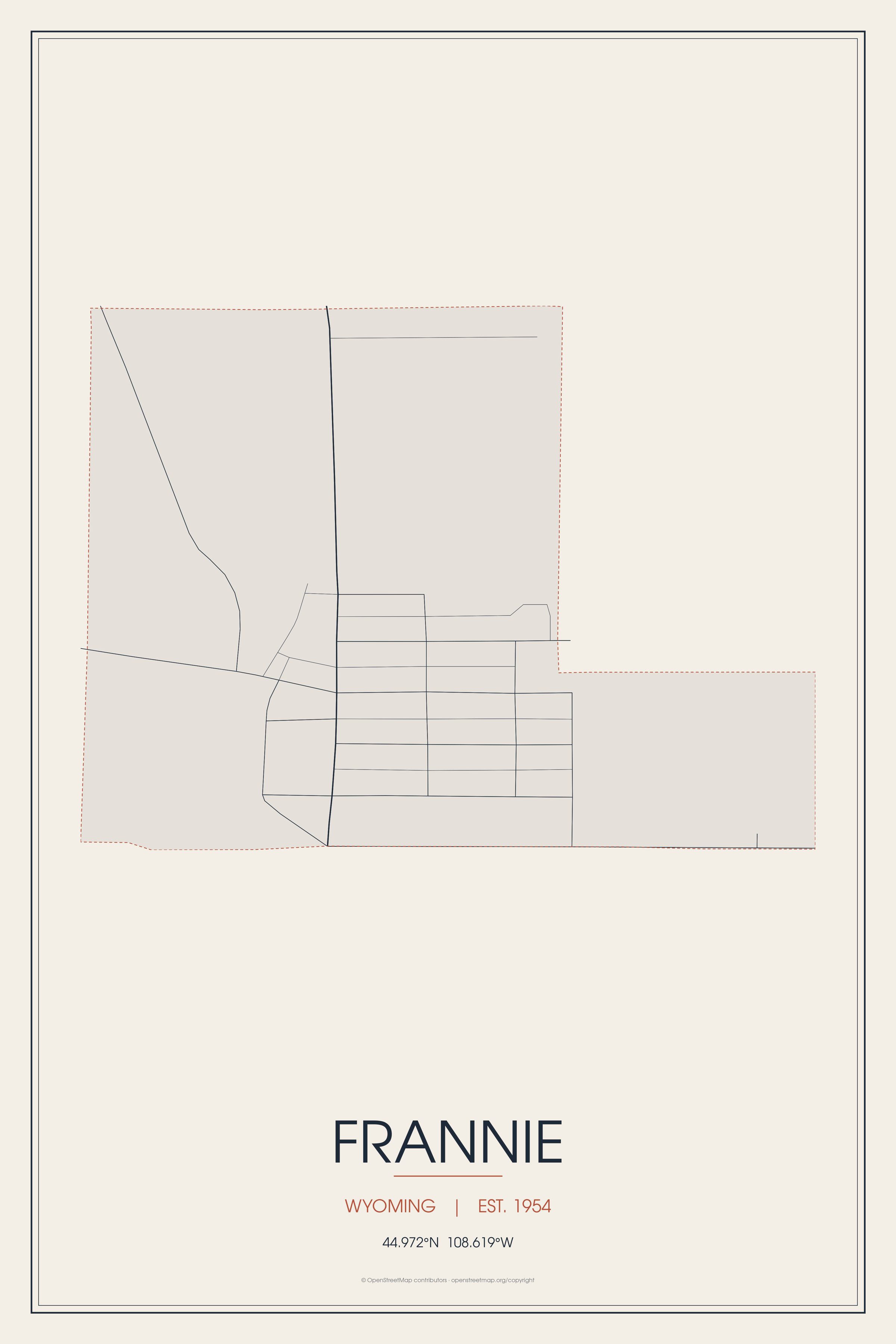 Street map of Frannie, Wyoming