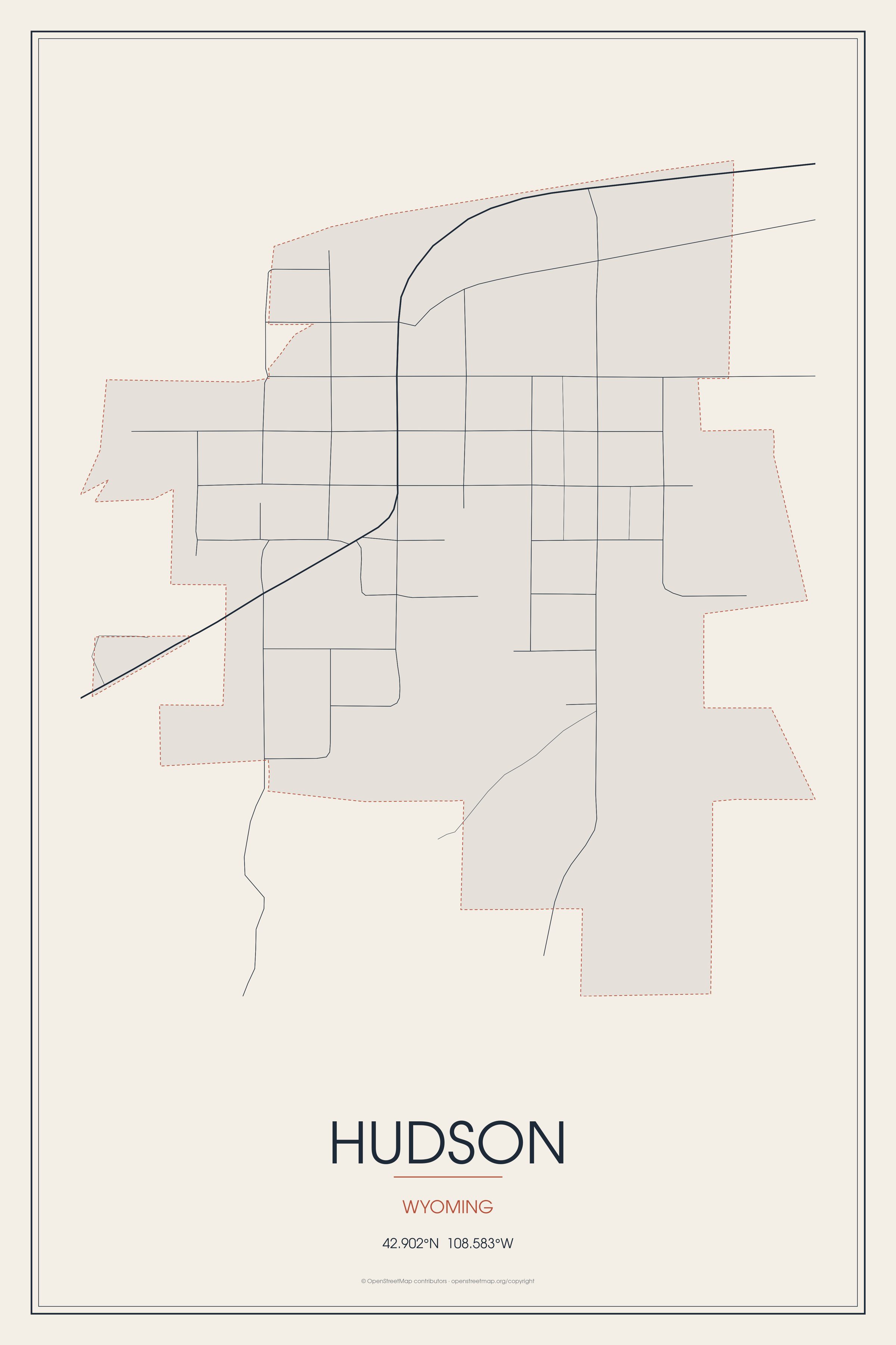 Street map of Hudson, Wyoming