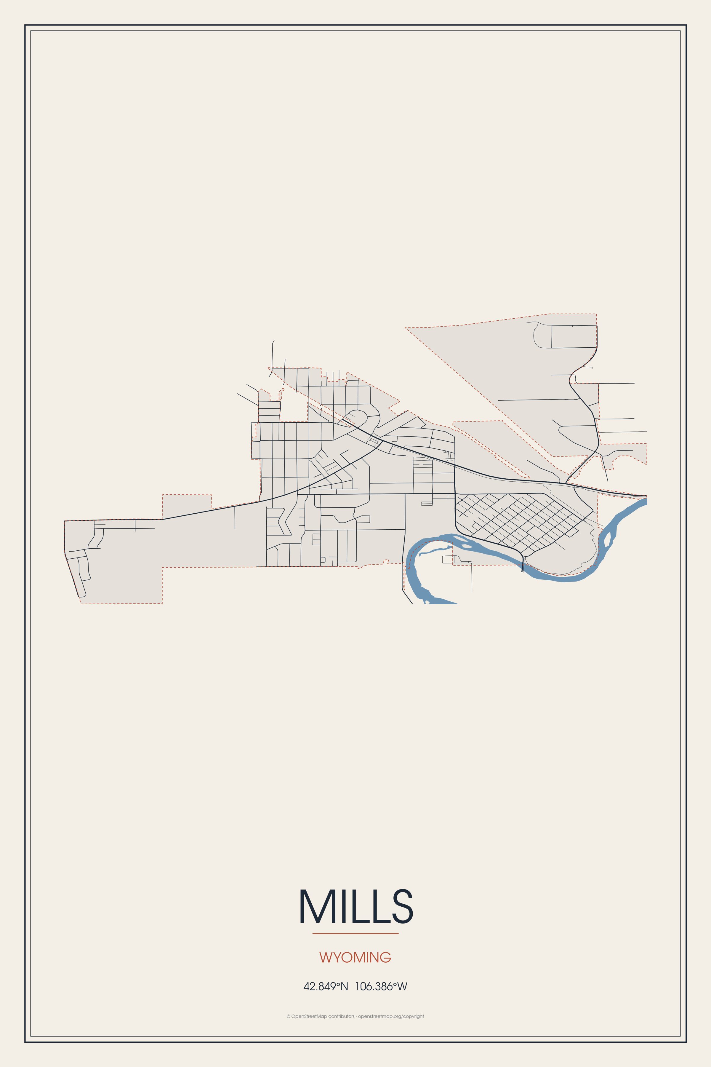 Street map of Mills, Wyoming