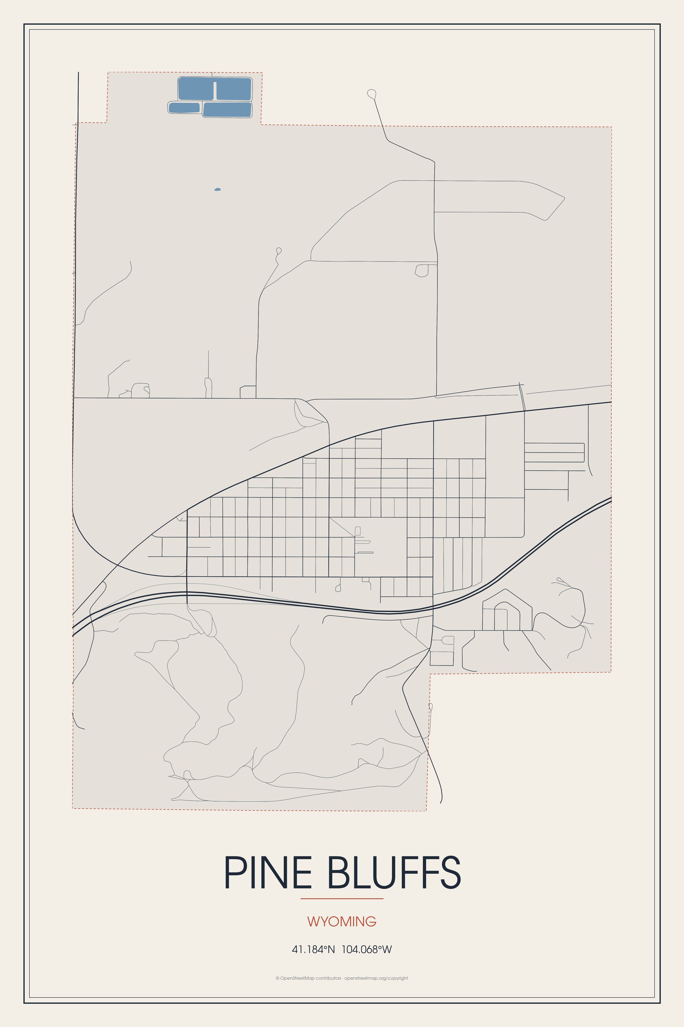Street map of Pine Bluffs, Wyoming