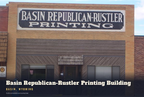 Basin Basin Republican-Rustler Printing Building Postcard artwork detail