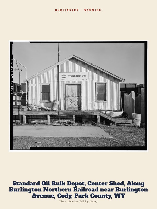 Burlington Standard Oil Bulk Depot, Center Shed, Along Burlington Northern Railroad near Burlington Avenue, Cody, Park County, WY Archive Print artwork detail
