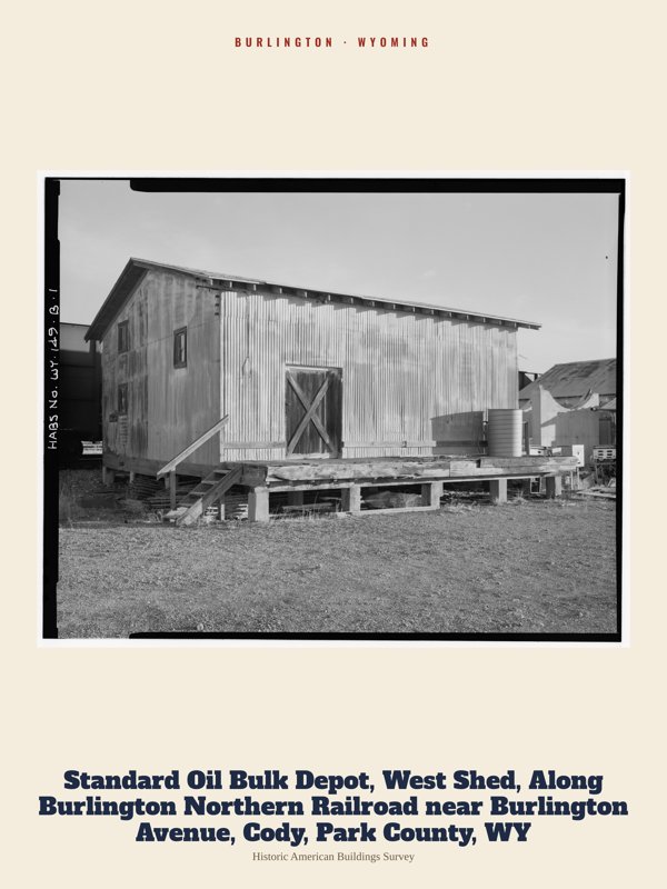 Burlington Standard Oil Bulk Depot, West Shed, Along Burlington Northern Railroad near Burlington Avenue, Cody, Park County, WY Archive Print artwork detail