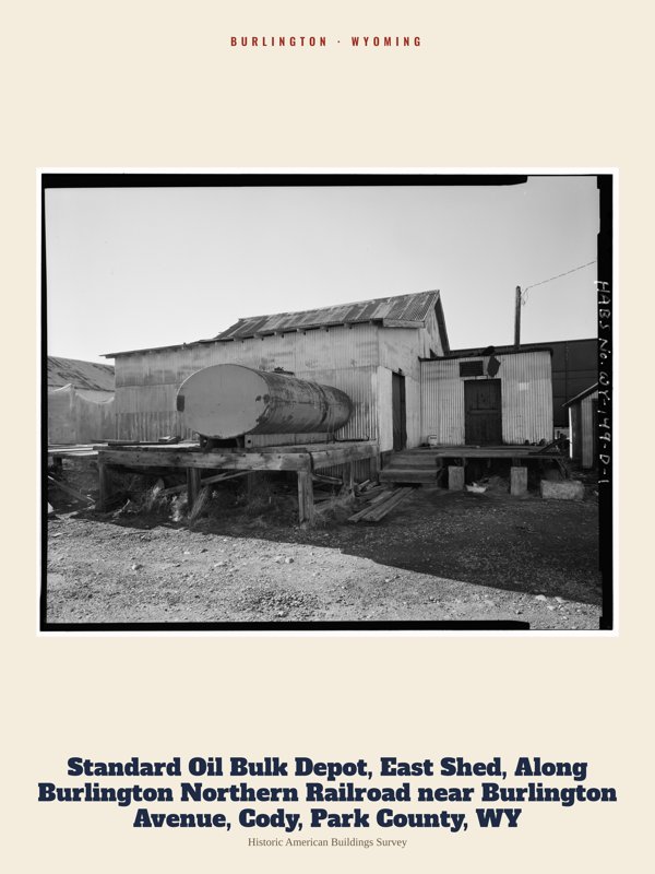 Burlington Standard Oil Bulk Depot, East Shed, Along Burlington Northern Railroad near Burlington Avenue, Cody, Park County, WY Archive Print artwork detail