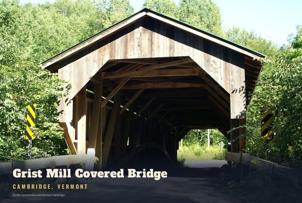 Cambridge Grist Mill Covered Bridge Postcard artwork detail