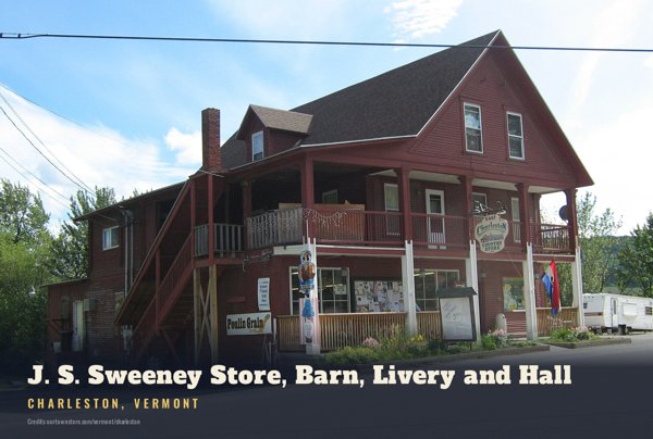 Charleston J. S. Sweeney Store, Barn, Livery and Hall Postcard artwork detail