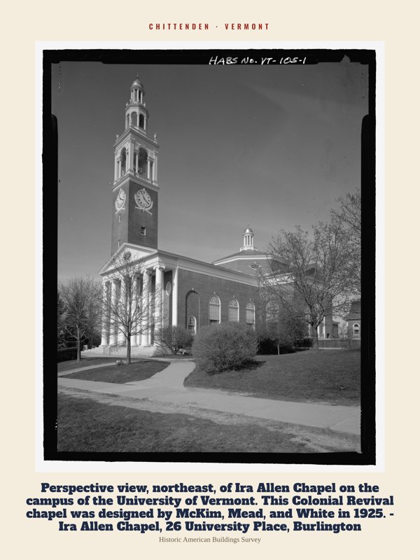 Chittenden Perspective view, northeast, of Ira Allen Chapel on the campus of the University of Vermont.  This Colonial Revival chapel was designed by McKim, Mead, and White in 1925. - Ira Allen Chapel, 26 University Place, Burlington Archive Print artwork detail