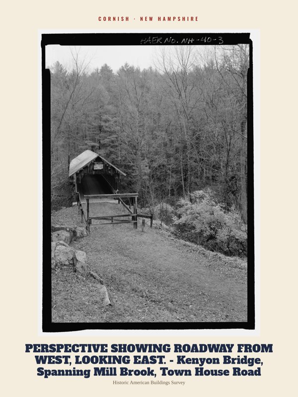 Cornish PERSPECTIVE SHOWING ROADWAY FROM WEST, LOOKING EAST.  - Kenyon Bridge, Spanning Mill Brook, Town House Road Archive Print artwork detail