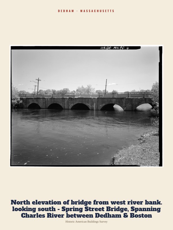 Dedham North elevation of bridge from west river bank. looking south - Spring Street Bridge, Spanning Charles River between Dedham & Boston Archive Print artwork detail