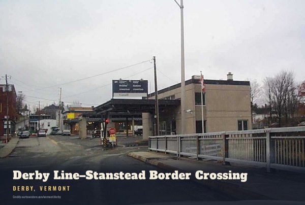 Derby Derby Line–Stanstead Border Crossing Postcard artwork detail