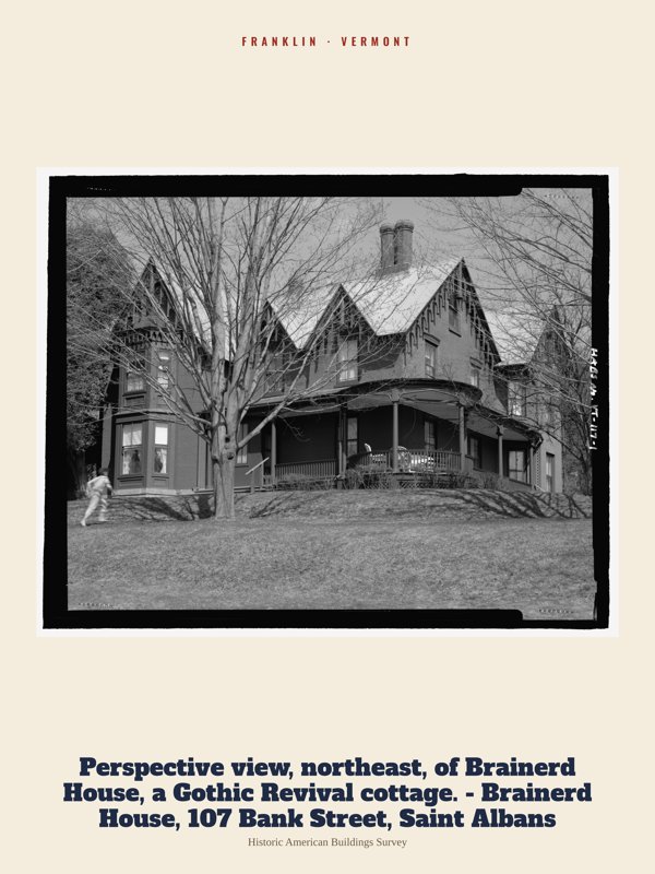 Franklin Perspective view, northeast, of Brainerd House, a Gothic Revival cottage. - Brainerd House, 107 Bank Street, Saint Albans Archive Print artwork detail