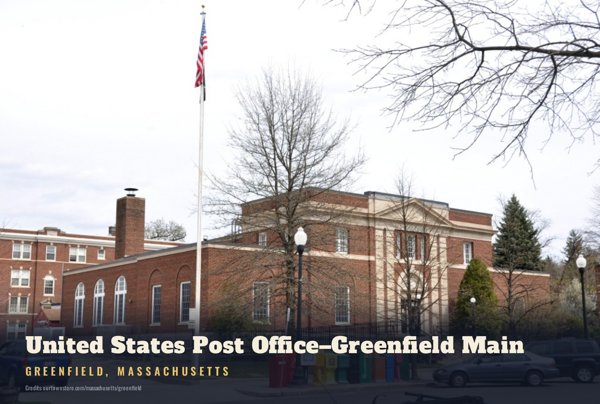 Greenfield United States Post Office–Greenfield Main Postcard artwork detail