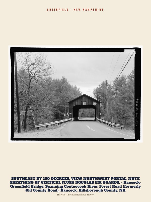 Greenfield SOUTHEAST BY 150 DEGREES, VIEW NORTHWEST PORTAL. NOTE SHEATHING OF VERTICAL FLUSH DOUGLAS FIR BOARDS.  - Hancock-Greenfield Bridge, Spanning Contoocook River, Forest Road (formerly Old County Road), Hancock, Hillsborough County, NH Archive Print artwork detail