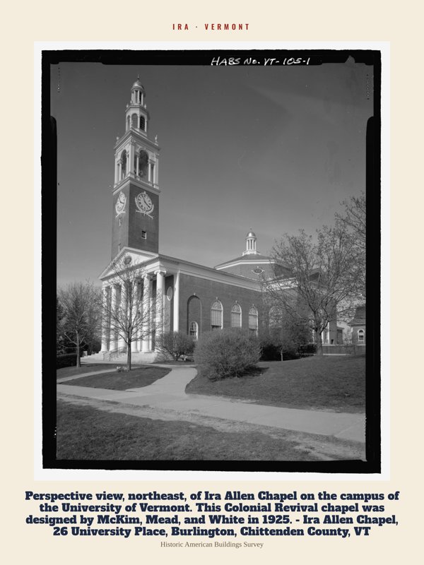 Ira Perspective view, northeast, of Ira Allen Chapel on the campus of the University of Vermont.  This Colonial Revival chapel was designed by McKim, Mead, and White in 1925. - Ira Allen Chapel, 26 University Place, Burlington, Chittenden County, VT Archive Print artwork detail