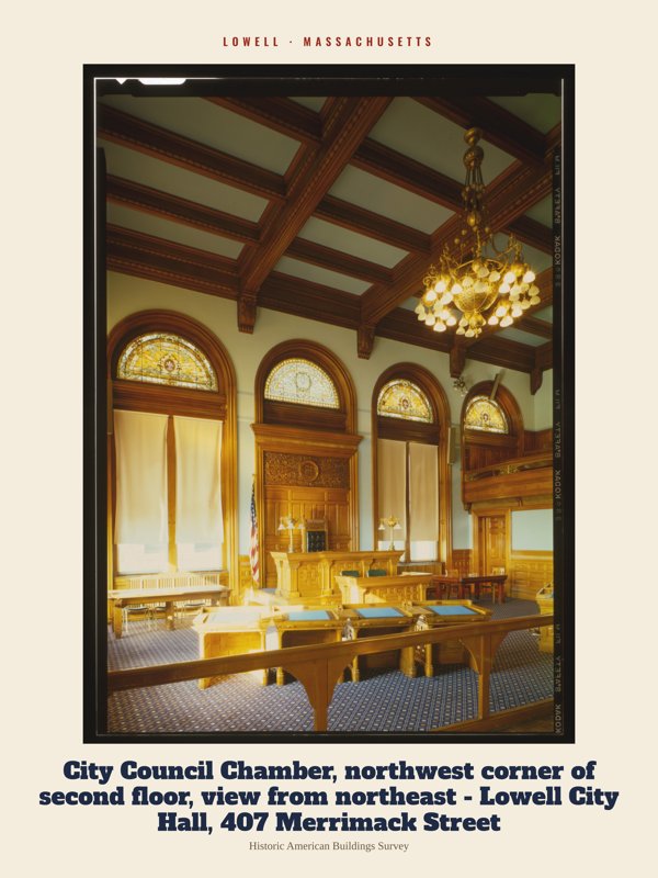 Lowell City Council Chamber, northwest corner of second floor, view from northeast - Lowell City Hall, 407 Merrimack Street Archive Print artwork detail