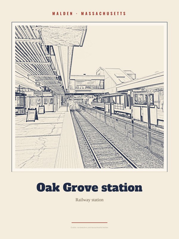 Malden Oak Grove station Landmark Print artwork detail