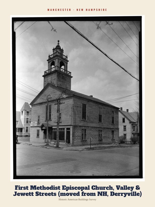 Manchester First Methodist Episcopal Church, Valley & Jewett Streets (moved from NH, Derryville) Archive Print artwork detail