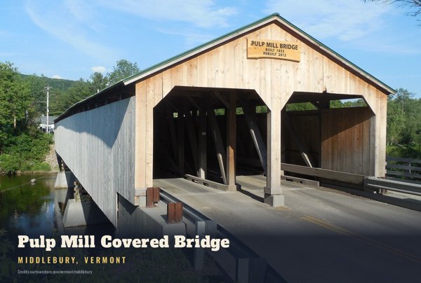 Middlebury Pulp Mill Covered Bridge Postcard artwork detail