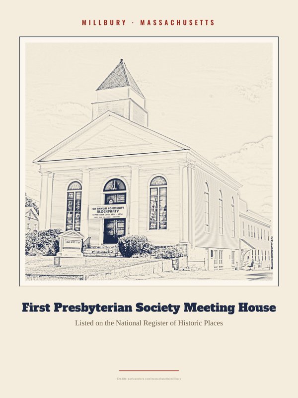 Millbury First Presbyterian Society Meeting House Landmark Print artwork detail