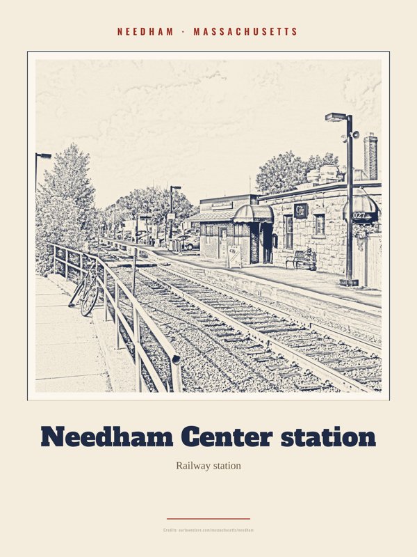Needham Needham Center station Landmark Print artwork detail