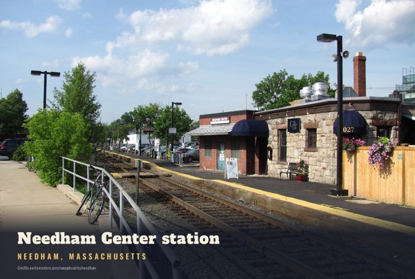 Needham Needham Center station Postcard artwork detail