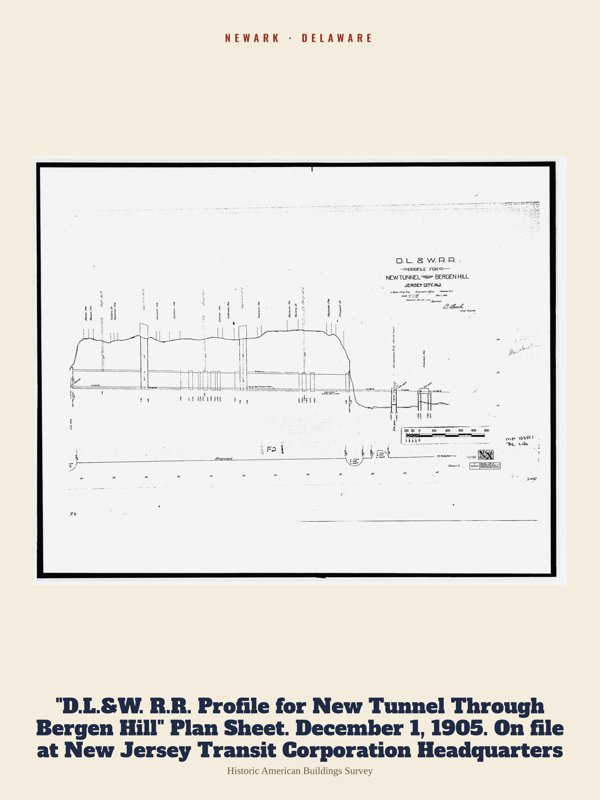 Newark "D.L.&W. R.R. Profile for New Tunnel Through Bergen Hill" Plan Sheet. December 1, 1905. On file at New Jersey Transit Corporation Headquarters Archive Print artwork detail