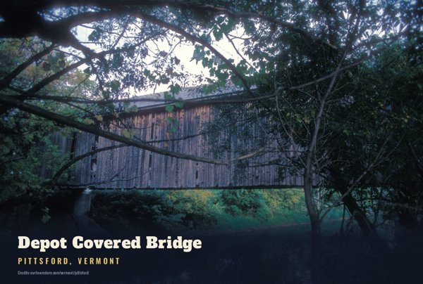 Pittsford Depot Covered Bridge Postcard artwork detail