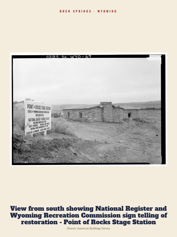 Rock Springs View from south showing National Register and Wyoming Recreation Commission sign telling of restoration - Point of Rocks Stage Station Archive Print artwork detail