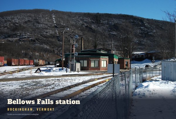 Rockingham Bellows Falls station Postcard artwork detail