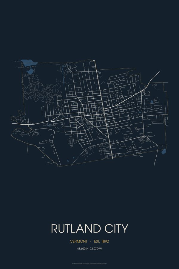 Rutland City Street Map Poster · Midnight artwork detail