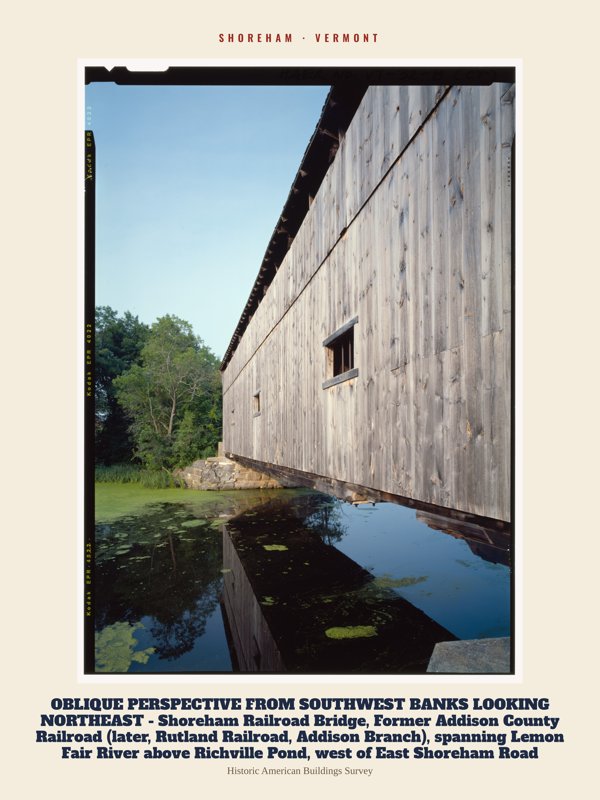 Shoreham OBLIQUE PERSPECTIVE FROM SOUTHWEST BANKS LOOKING NORTHEAST  - Shoreham Railroad Bridge, Former Addison County Railroad (later, Rutland Railroad, Addison Branch), spanning Lemon Fair River above Richville Pond, west of East Shoreham Road Archive Print artwork detail