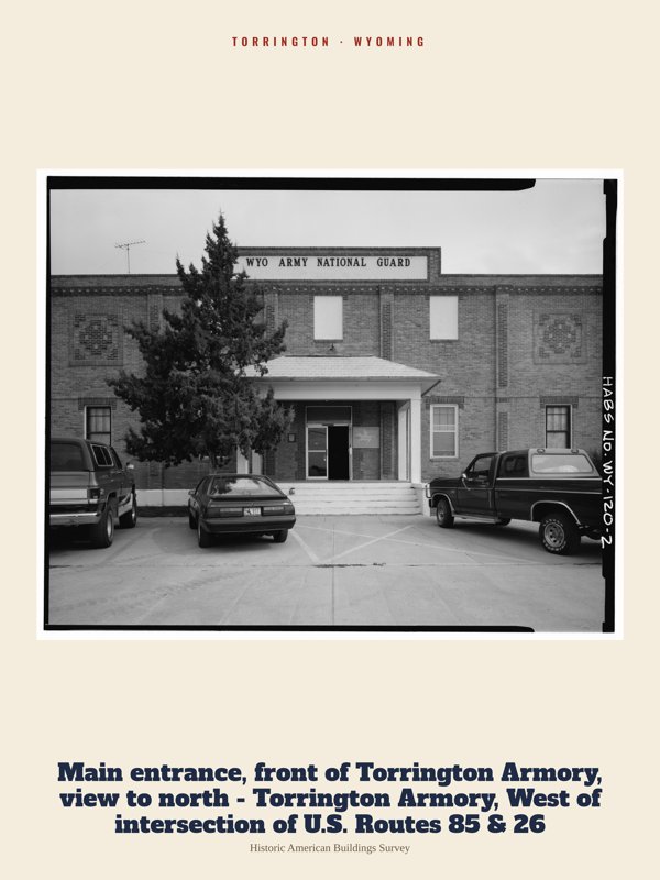 Torrington Main entrance, front of Torrington Armory, view to north - Torrington Armory, West of intersection of U.S. Routes 85 & 26 Archive Print artwork detail