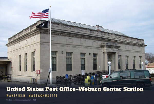 Wakefield United States Post Office–Woburn Center Station Postcard artwork detail