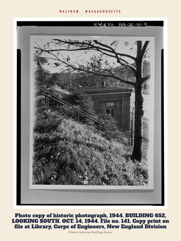 Waltham Photo copy of historic photograph, 1944.  BUILDING 652, LOOKING SOUTH. OCT. 14, 1944.  File no. 141.  Copy print on file at Library, Corps of Engineers, New England Division Archive Print artwork detail