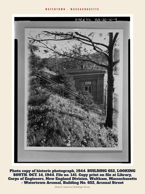Watertown Photo copy of historic photograph, 1944.  BUILDING 652, LOOKING SOUTH. OCT. 14, 1944.  File no. 141.  Copy print on file at Library, Corps of Engineers, New England Division, Waltham, Massachusetts - Watertown Arsenal, Building No. 652, Arsenal Street Archive Print artwork detail