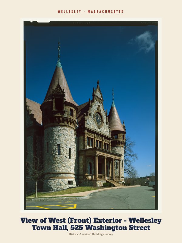 Wellesley View of West (Front) Exterior - Wellesley Town Hall, 525 Washington Street Archive Print artwork detail