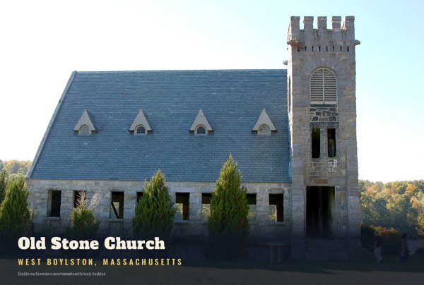 West Boylston Old Stone Church Postcard artwork detail
