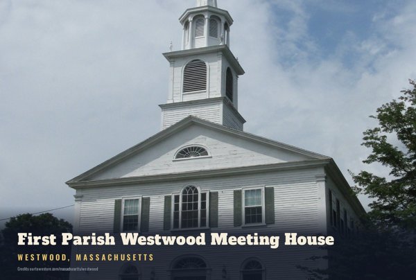 Westwood First Parish Westwood Meeting House Postcard artwork detail