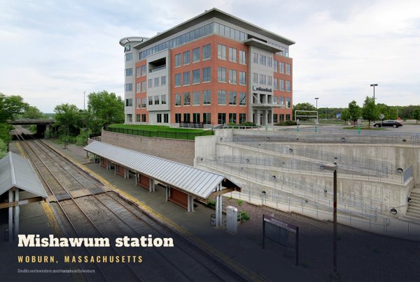Woburn Mishawum station Postcard artwork detail