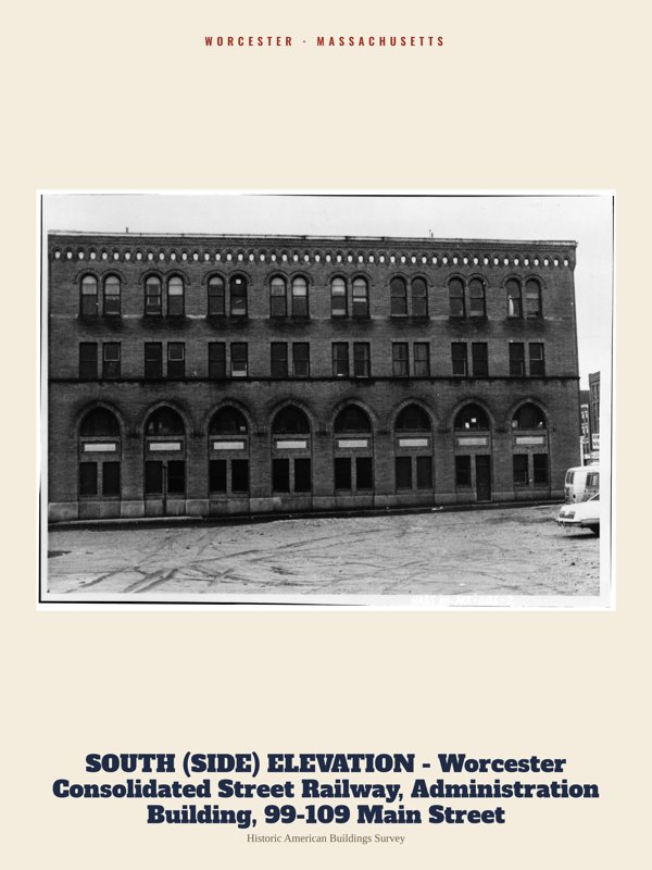 Worcester SOUTH (SIDE) ELEVATION - Worcester Consolidated Street Railway, Administration Building, 99-109 Main Street Archive Print artwork detail